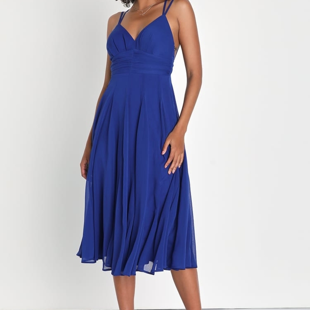 Lulu's Blue Pleated Midi Sundress for Weddings